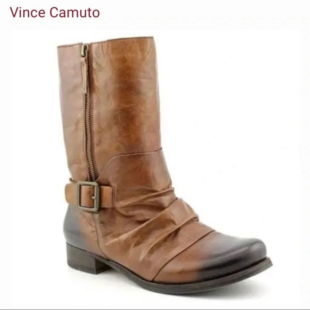 Vince Camuto NIB Women’s Moto Leather Western Boots Size 10 Two Tone Zip Buckle - Picture 2 of 11